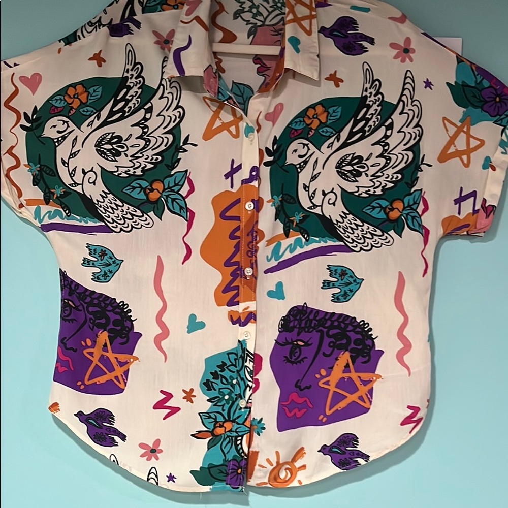 Women’s‎ top Sunburst kiss top women’s XL button up Graphic Print women’s  Shirt - Picture 3 of 13